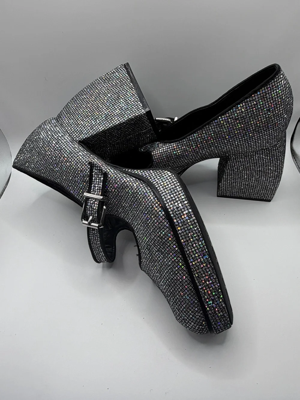 Gianni Bini Silver “Aurora” Disco-Style Glitter Mary Jane Platform Heels